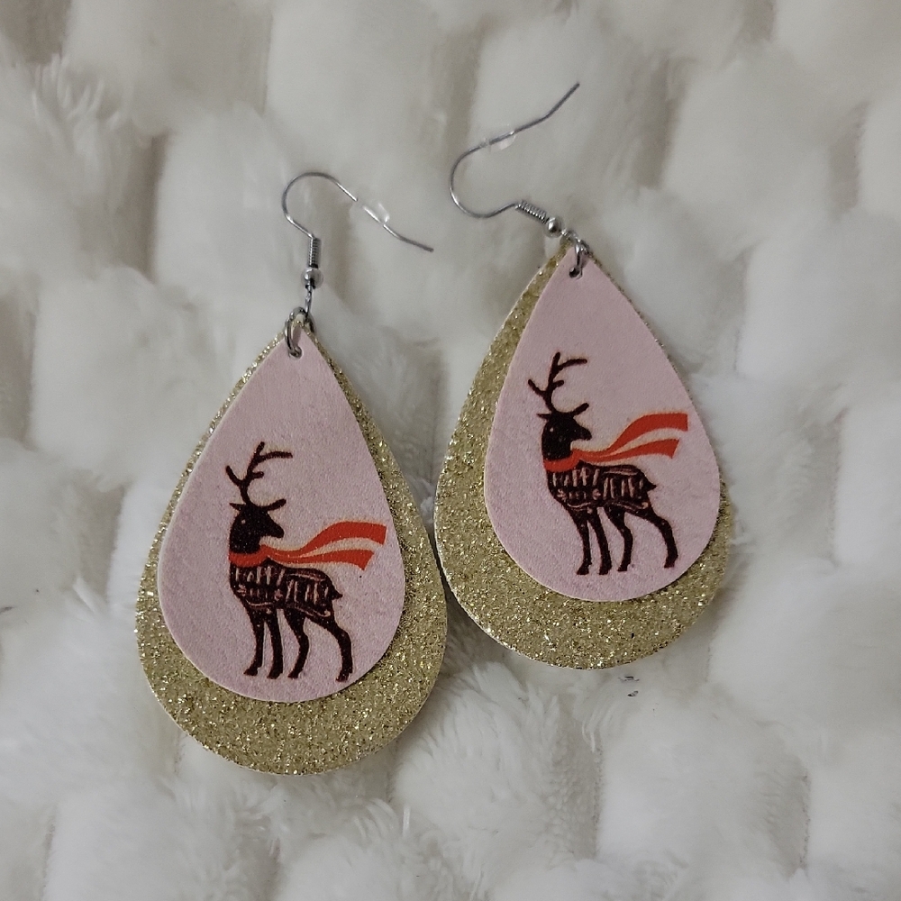 Pink and Gold Reindeer Glitter Teardrop Earrings